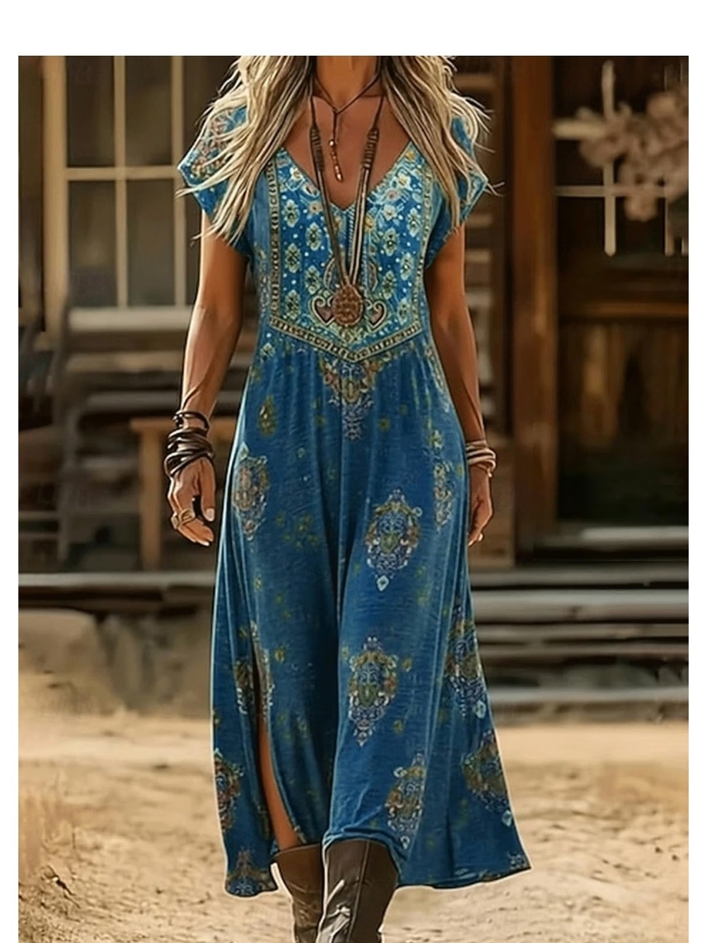 Bohemian V-Neck Blue Paisley Printed Maxi Dress with Side Slit Size Small NIP